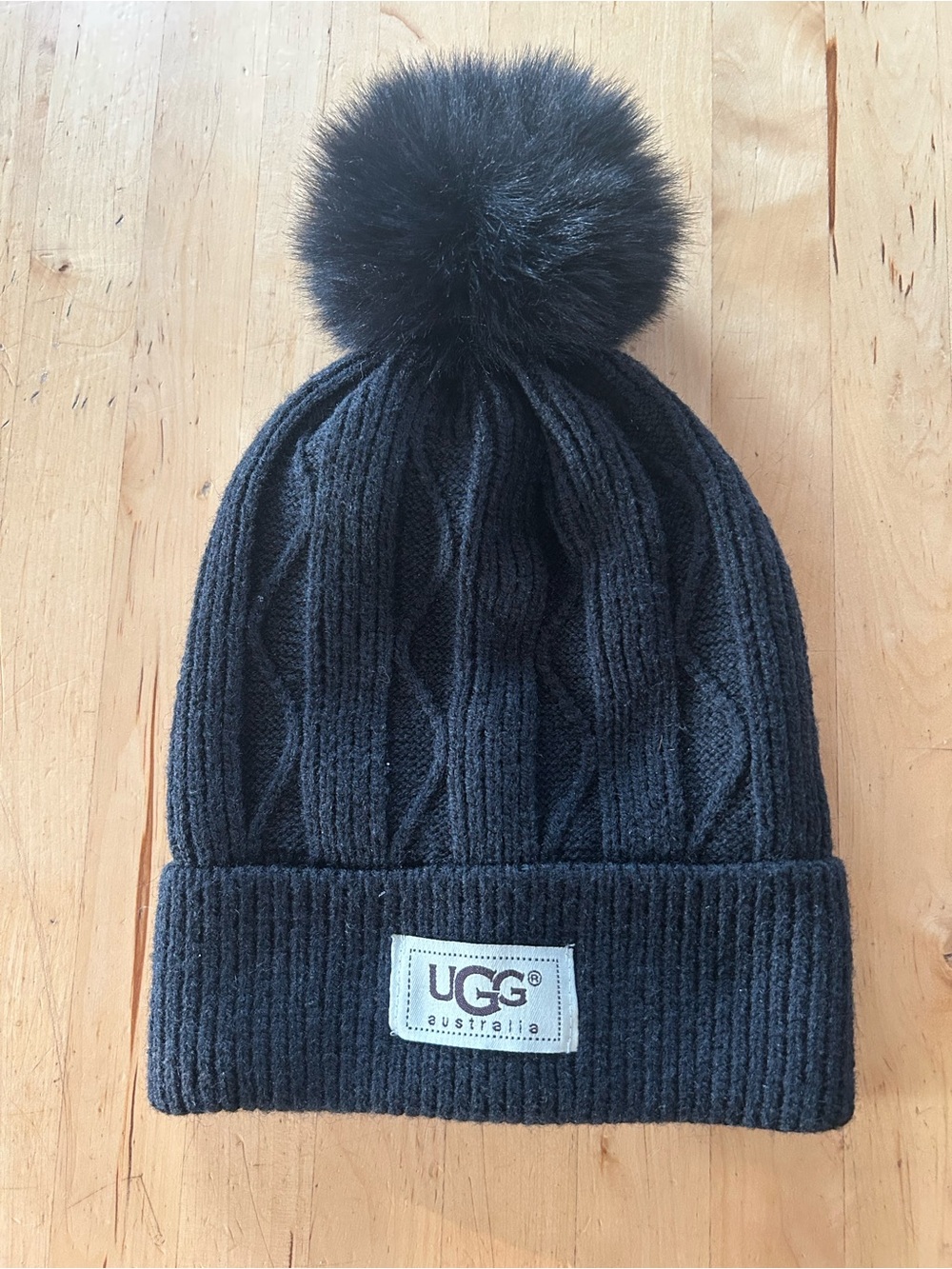 UGG Australia Black Cable Knit Pom Beanie Hat Fleece Lined OS